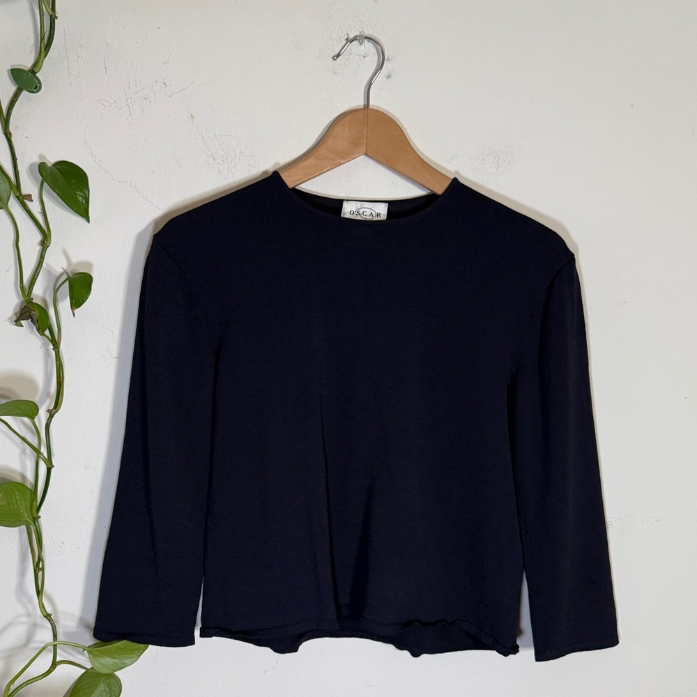 Oscar De La Renta Navy Blue Light Weight Sweater Knitted 3/4 Sleeve Blouse